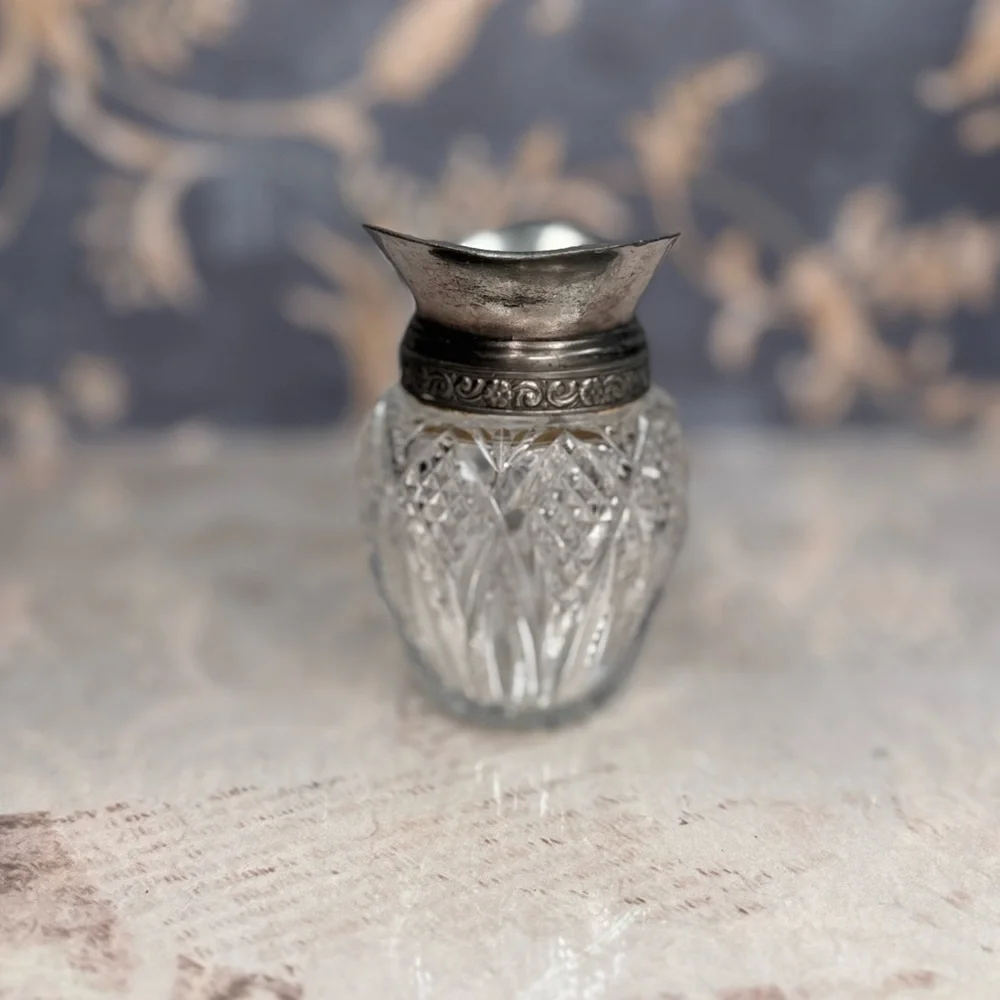 Antique Cut Glass Creamer Pitcher w/ Pewter Top & Handle Estate Mini Jug